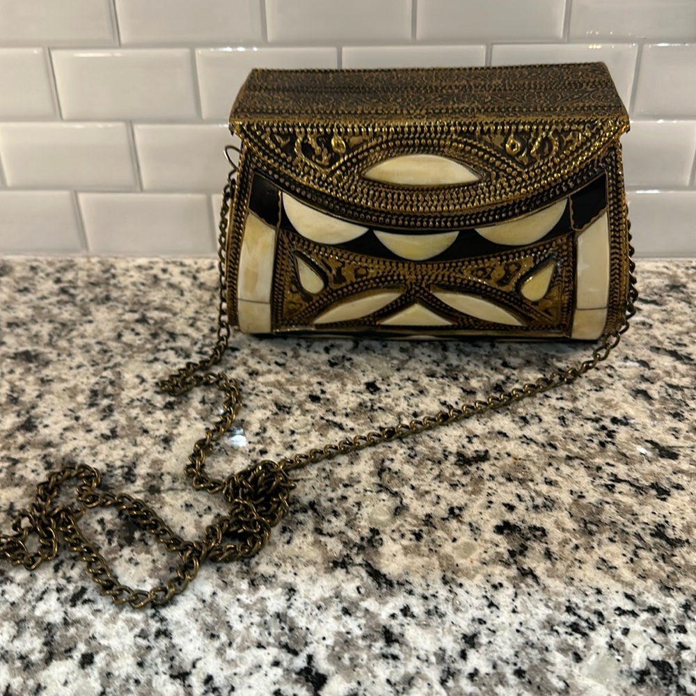 Moroccan Hammered Brass and Bone Purse